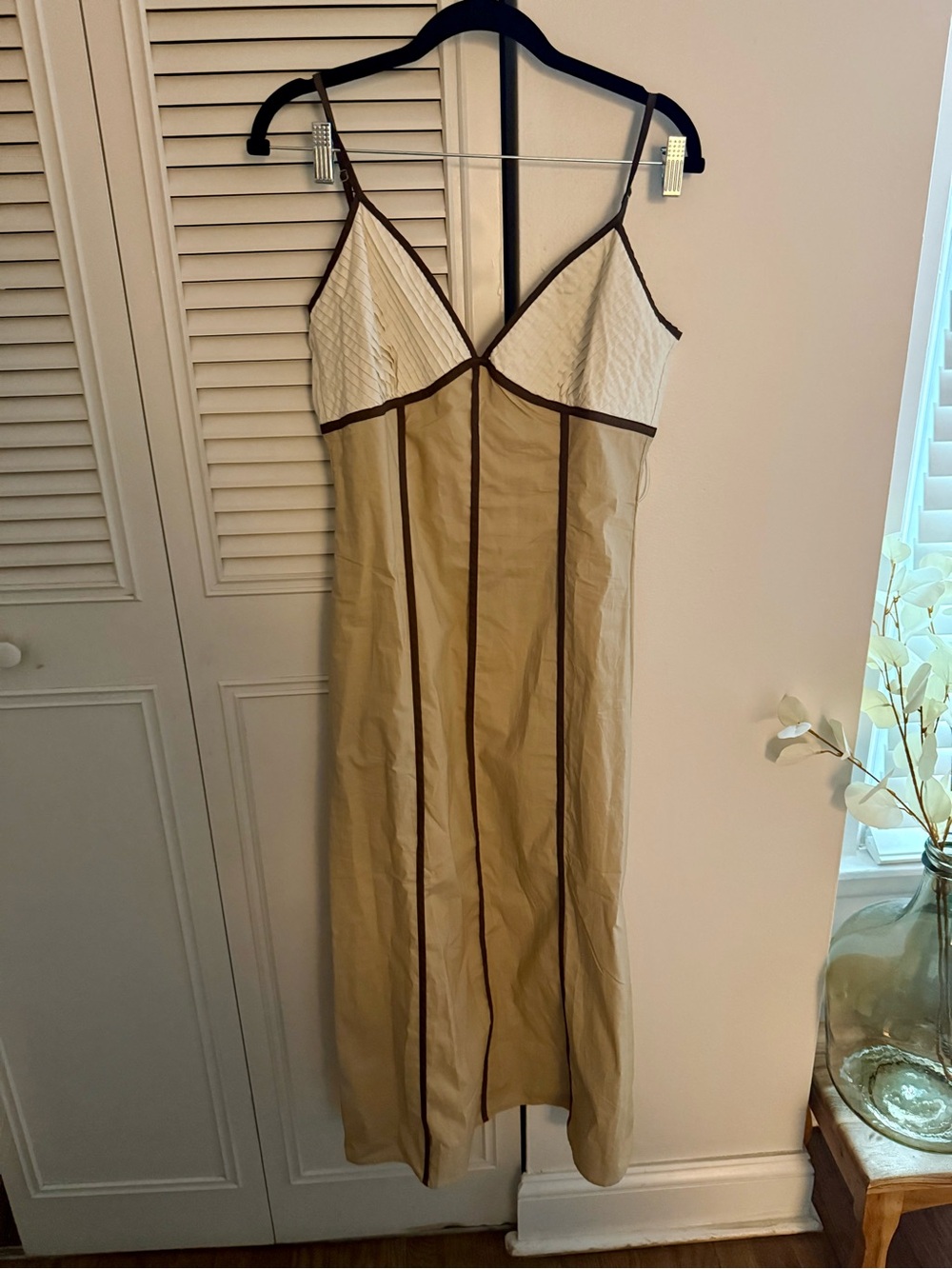Beige & White Slip Dress with Brown Piping